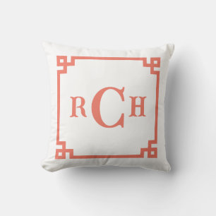 Persimmon Coral Chinoiserie Greek Key Monogram Throw Pillow