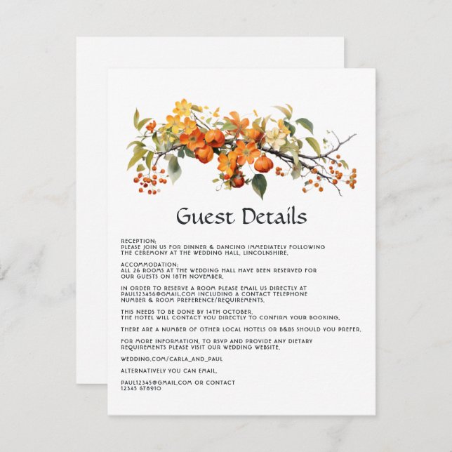 Persimmon Floral Wedding Guest Details Enclosure Card (Front/Back)
