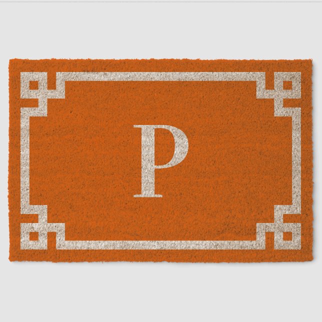 Persimmon Greek Key Border Monogrammed Fiber Doormat (Front)