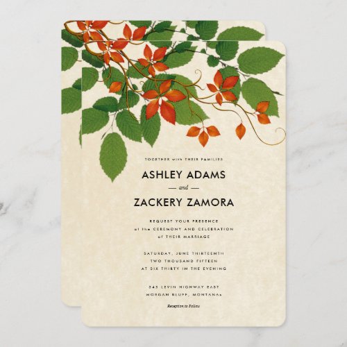 Persimmon  Green Floral Vine Wedding Invitation