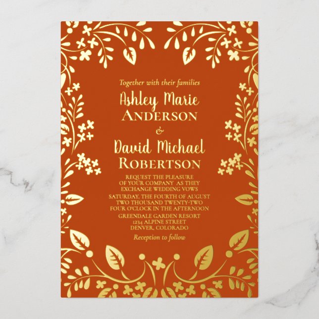 Persimmon Orange Real Gold Foil Floral Wedding Invitation (Front)