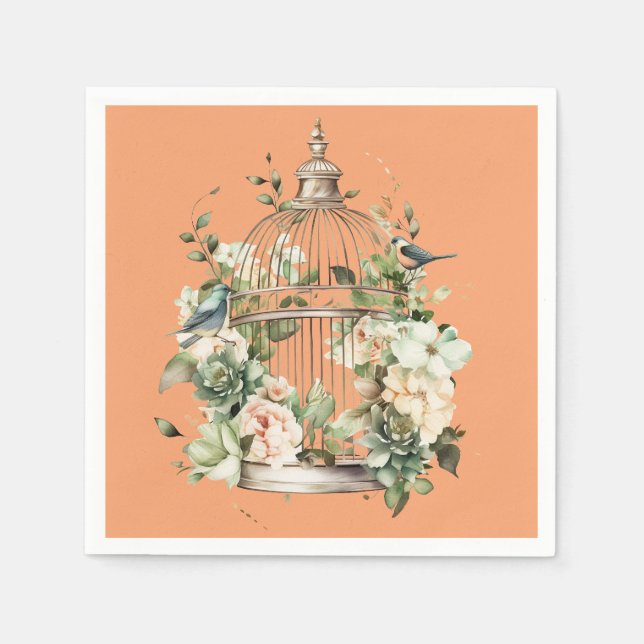 Persimmon Orange White Green Gold Birdcage Shower Napkins (Front)