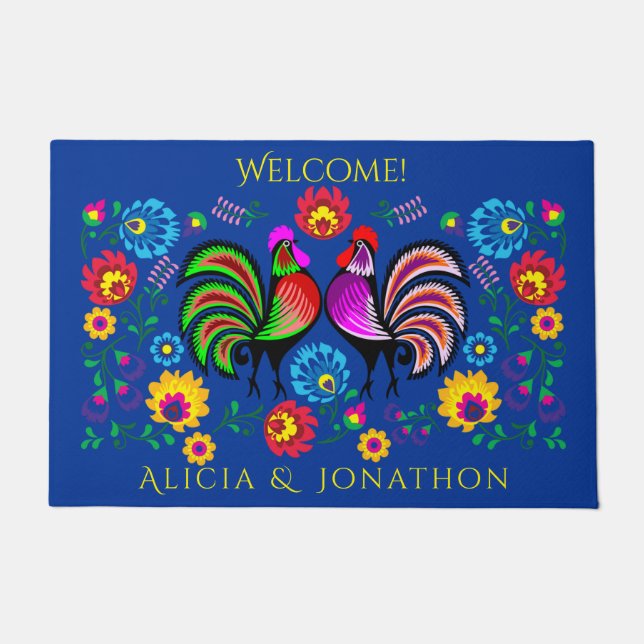Persoalized Colorful Folk Art Roosters and Flowers Doormat (Front)