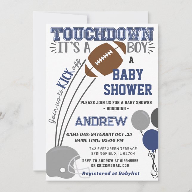 Persoanal Touchdown Navy Blue football Baby Shower Invitation (Front)