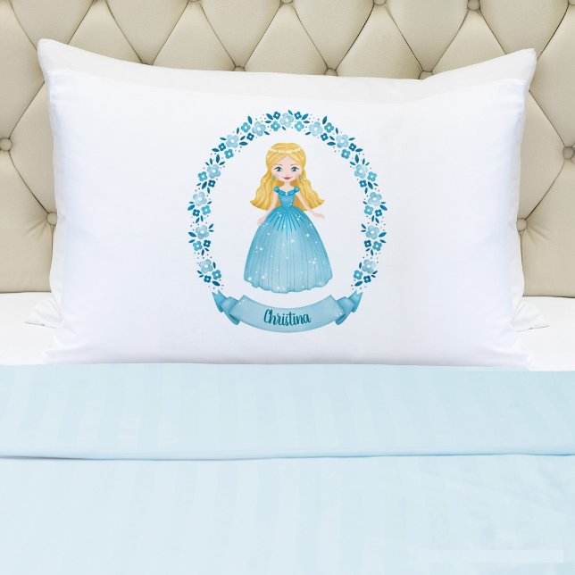 Persoanlized Cute Blue Princess  Pillow Case (A cute girls blue princess pillowcase. Personalize it with your girls name. So cute for her bed.)