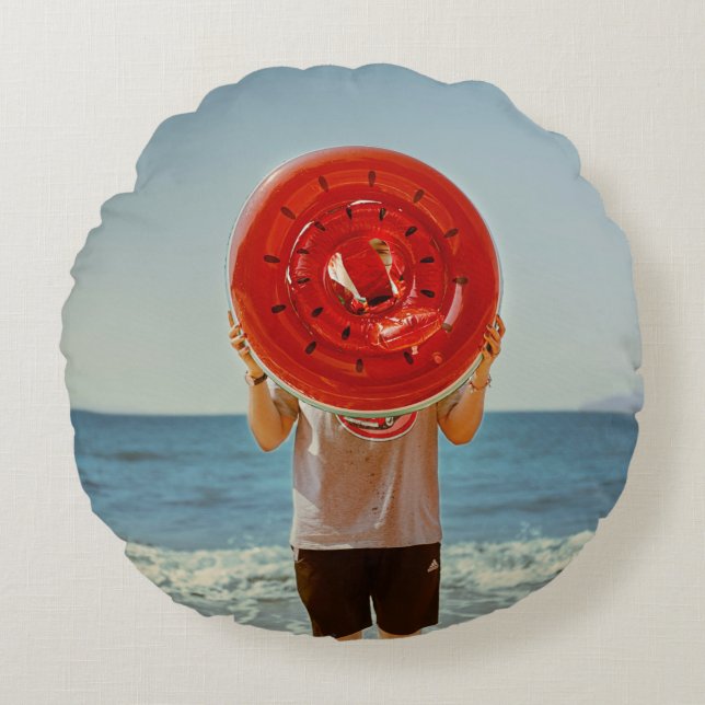 Person holding watermelon-themed inflatable ring round pillow (Front)