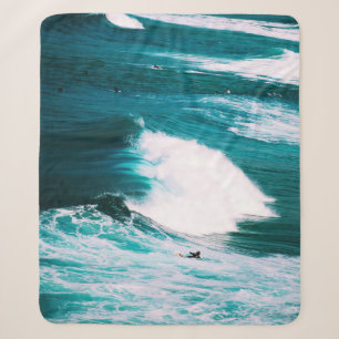 Person on surfboard with ocean waves sherpa blanket