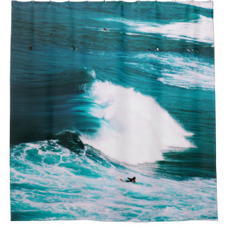 PERSON ON SURFBOARD WITH OCEAN WAVES SHOWER CURTAIN