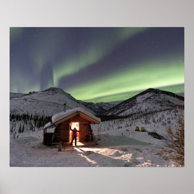 Person stands in doorway of Caribou Bluff cabin Poster (Front)