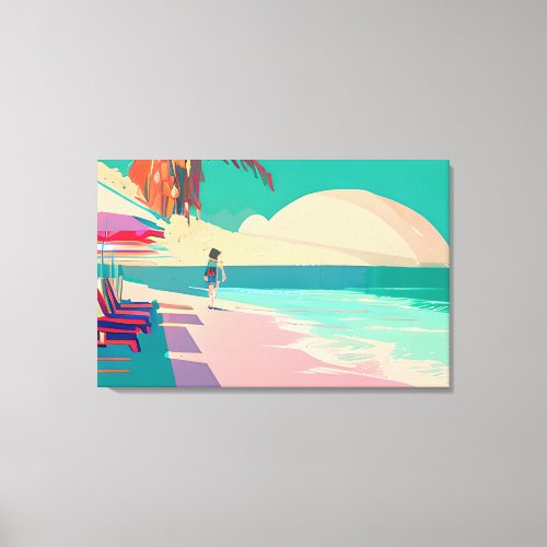 Person walking on the Teal and Peach Sandy Beach  Canvas Print