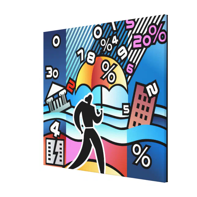 Person walking with numbers falling on umbrella canvas print (Front Right)