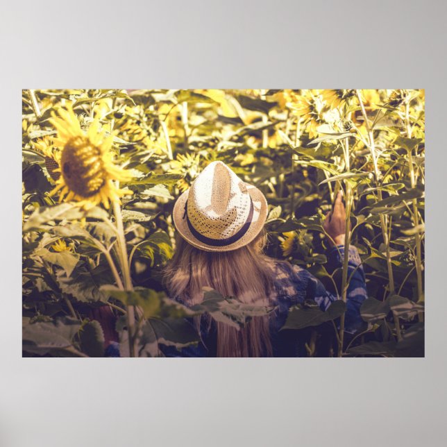 Person wearing white hat beside sunflower fields poster (Front)