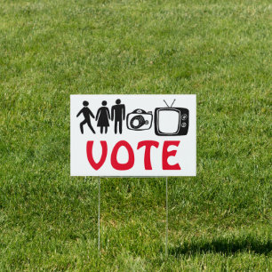 PERSON WOMAN MAN CAMERA TV VOTE SIGN