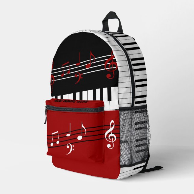Personailized Red Black White Piano Keys and Notes Printed Backpack (Back Corner Right)