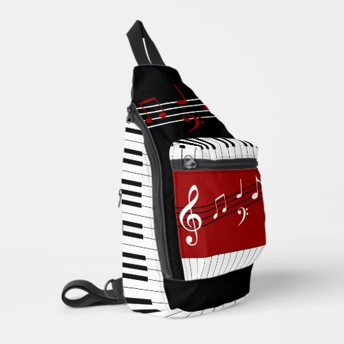 Personailized Red Black White Piano Keys and Notes Sling Bag