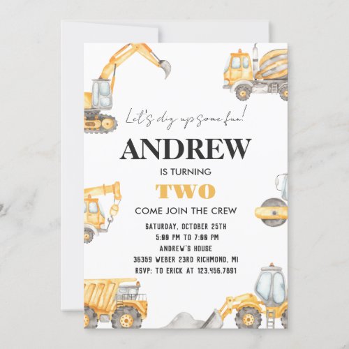 Personal A Modern Construction Boy Digger Birthday Invitation