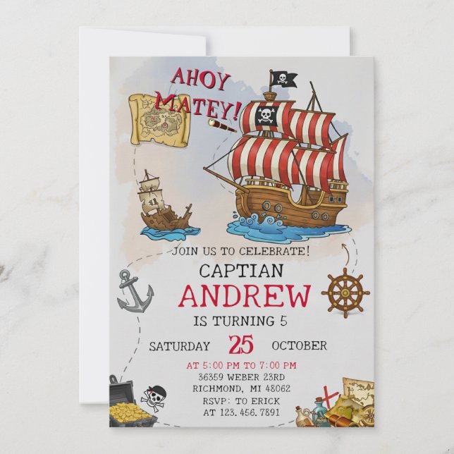 Personal Ahoy Mateys Pirate Ship Birthday Party Invitation (Front)