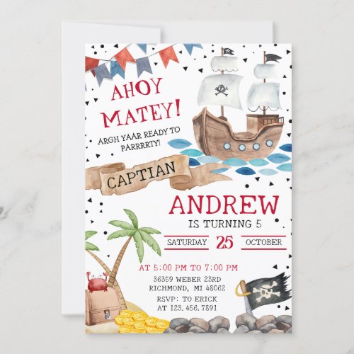 Personal Ahoy Mateys Pirate Ship Birthday Party Invitation