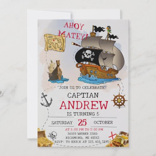 Personal Ahoy Mateys Pirate Ship Birthday Party Invitation