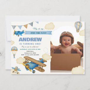 Personal Airplane 1st Birthday for boy with Photo Invitation