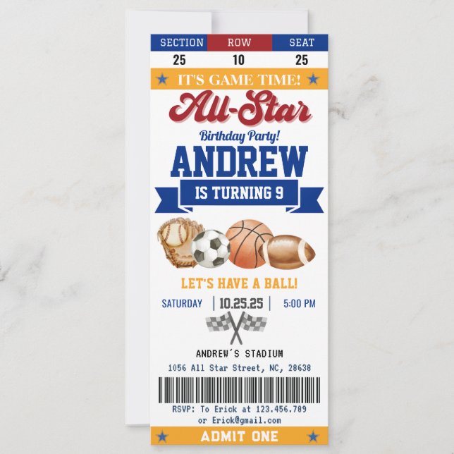 Personal All Star Sport Birthday Ticket for kid Invitation (Front)