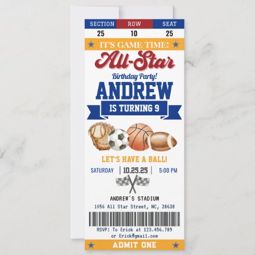 Personal All Star Sport Birthday Ticket for kid Invitation