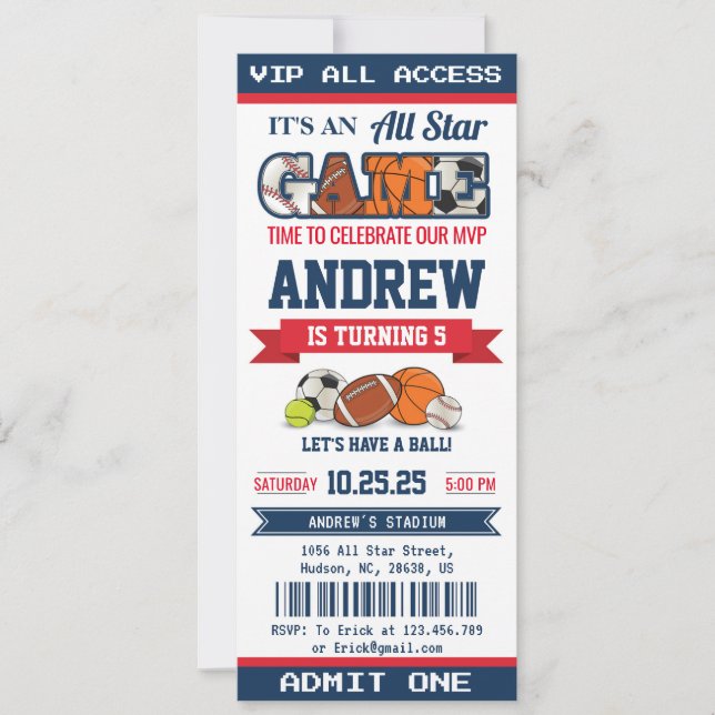 Personal All Star Sport Birthday Ticket for kid Invitation (Front)