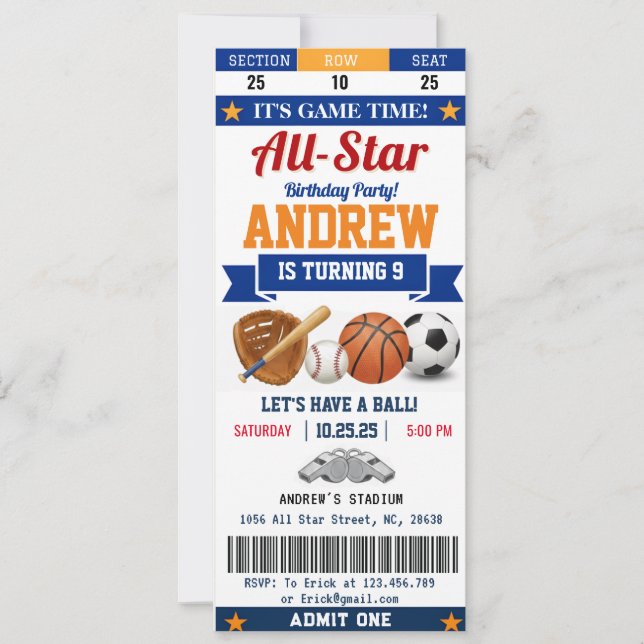 Personal All Star Sport Birthday Ticket for kid Invitation (Front)