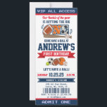Personal All Star Sport First Birthday Ticket Invitation<br><div class="desc">Celebrate your little MVP's first year with our Personal All-Star Sport First Birthday Ticket Invitation! This custom invitation is designed in the style of a sports ticket, putting your little All-Star in the spotlight. Personalize it with your child's name, event details, and the date for a winning celebration that marks...</div>