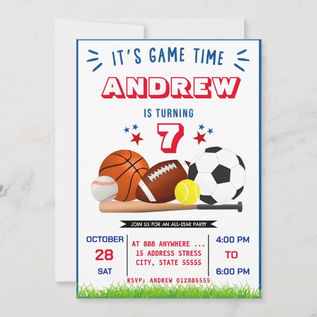 Personal All Star Sports Birthday Invitation (Front)