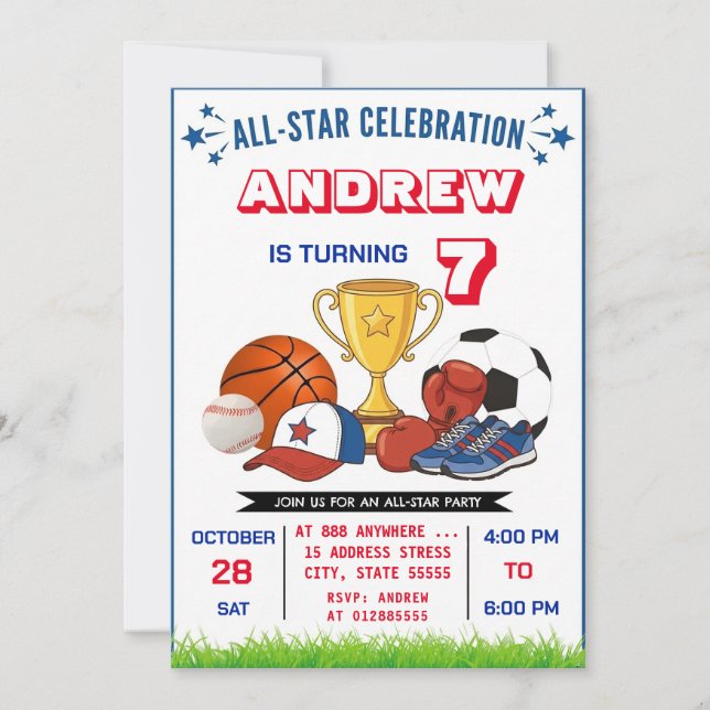 Personal All Star Sports Birthday Invitation (Front)