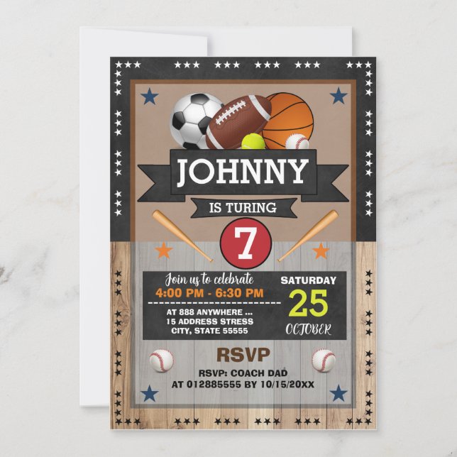 Personal All Star Sports Birthday Party Invitation (Front)