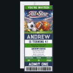 Personal All Star Sports Ticket Birthday Invitation<br><div class="desc">Score big with our Personal All-Star Sports Ticket Birthday Invitation! This customized invitation is designed in the style of a sports ticket, putting the birthday star in the spotlight as the ultimate All-Star player. Personalize it with the name, event details, and date for a celebration that promises sportsmanship, exciting games,...</div>