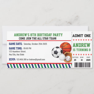 Personal All Star Sports Ticket Birthday Invitation
