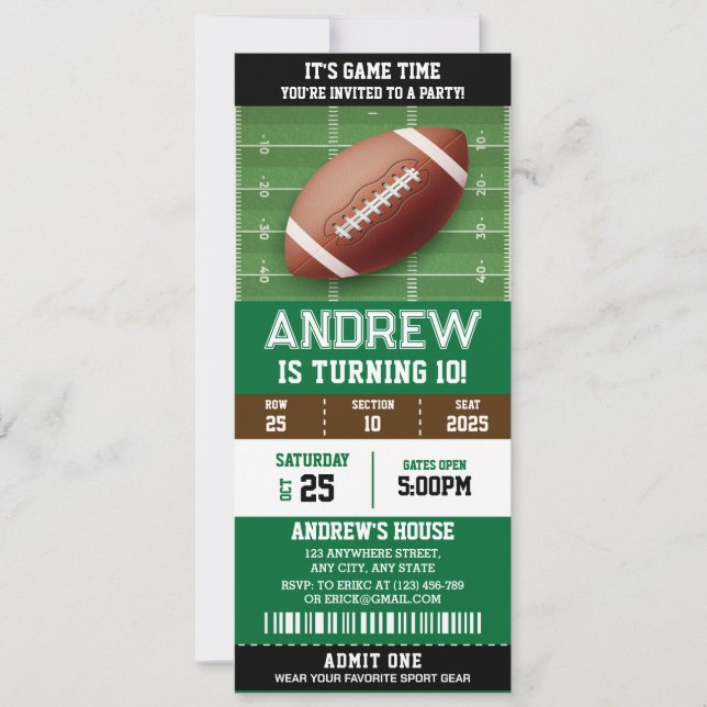Personal American Football Birthday Party Ticket Invitation (Front)