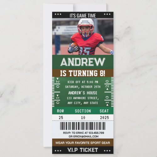 Personal American Football Ticket birthday Photo Invitation