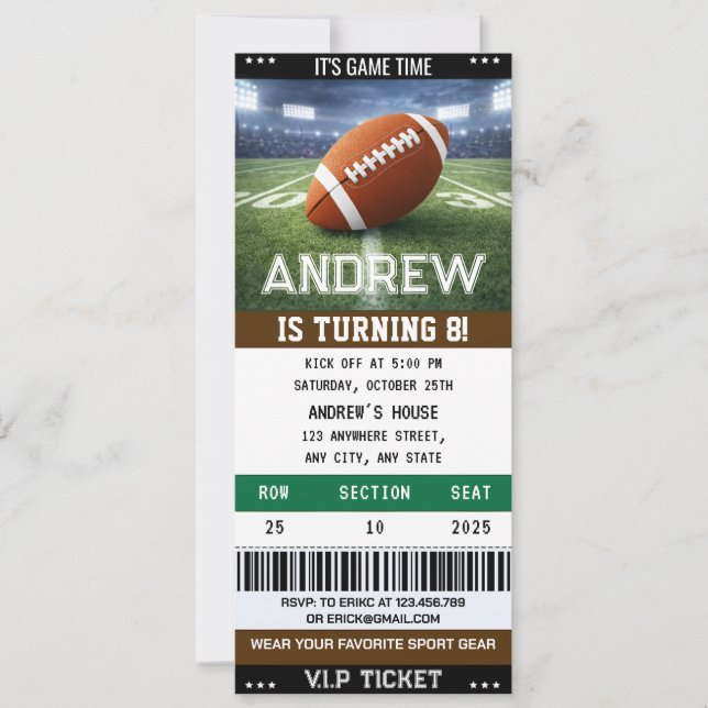 Personal American Football Ticket Invitation (Front)