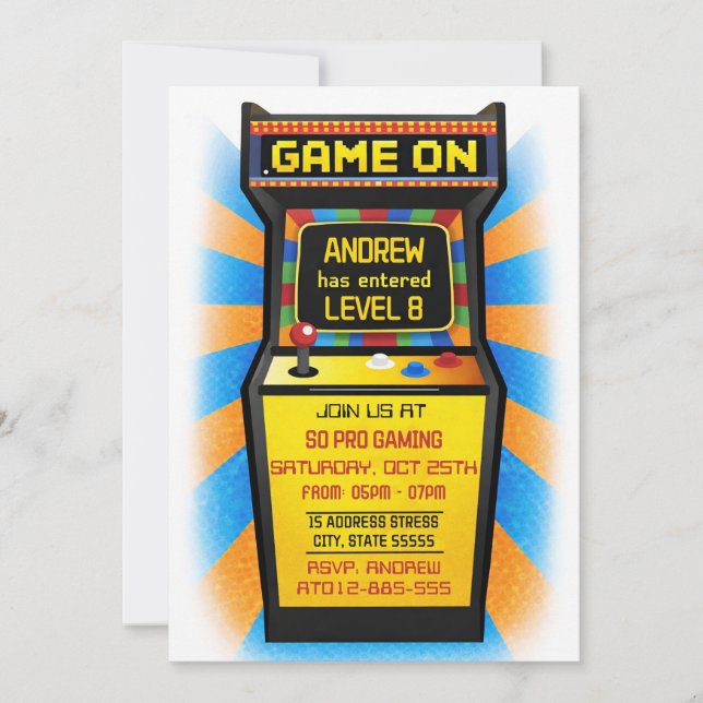 Personal Arcade Video Game birthday invitation (Front)