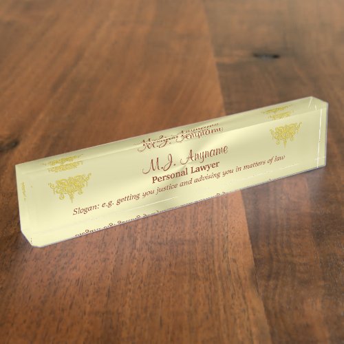 Personal Attorney and golden justice logo Desk Name Plate