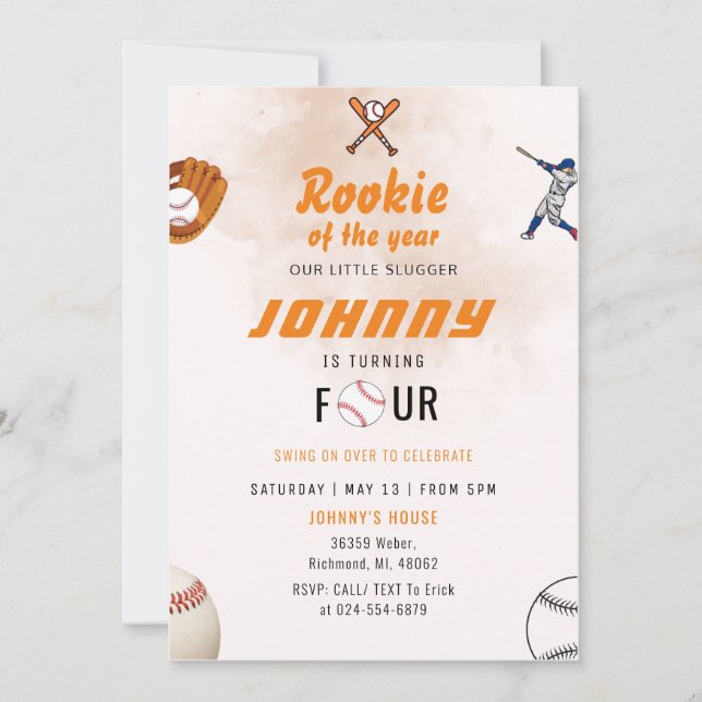 Personal Baseball Birthday Party Invitation (Front)