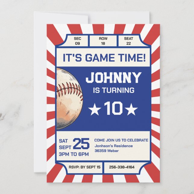 Personal Baseball Birthday Party Invitation (Front)