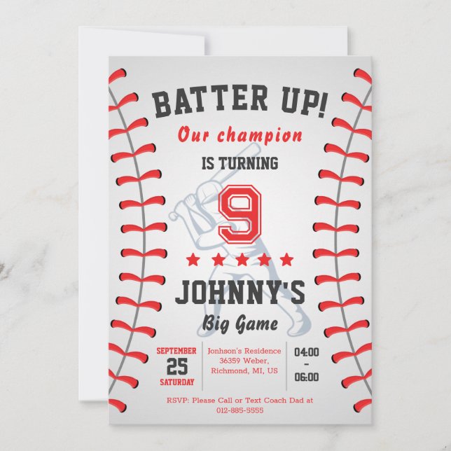 Personal Baseball Birthday Party Invitation (Front)