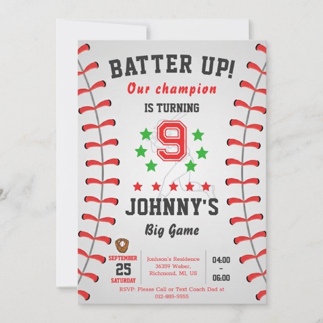 Personal Baseball Birthday Party Invitation (Front)