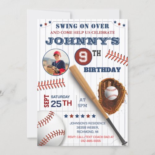 Personal Baseball Birthday with Photo Invitation