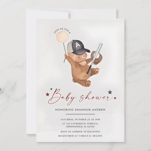 Personal Baseball Rookie Baby Shower Cute Bear Invitation (Front)