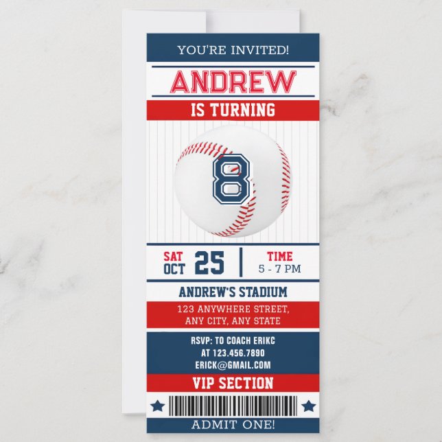 Personal Baseball Sports Ticket Style for boy Invitation (Front)
