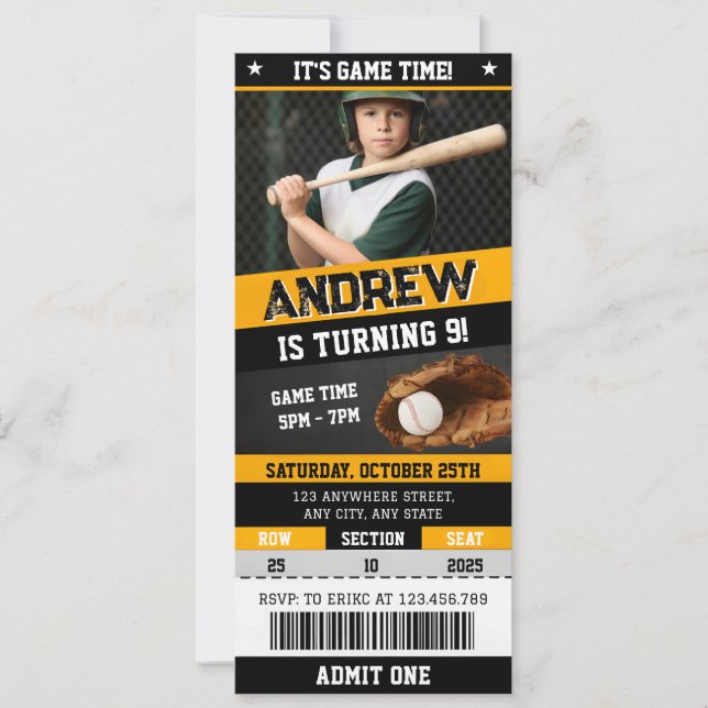 Personal Baseball Ticket Birthday With Photo Invitation (Front)