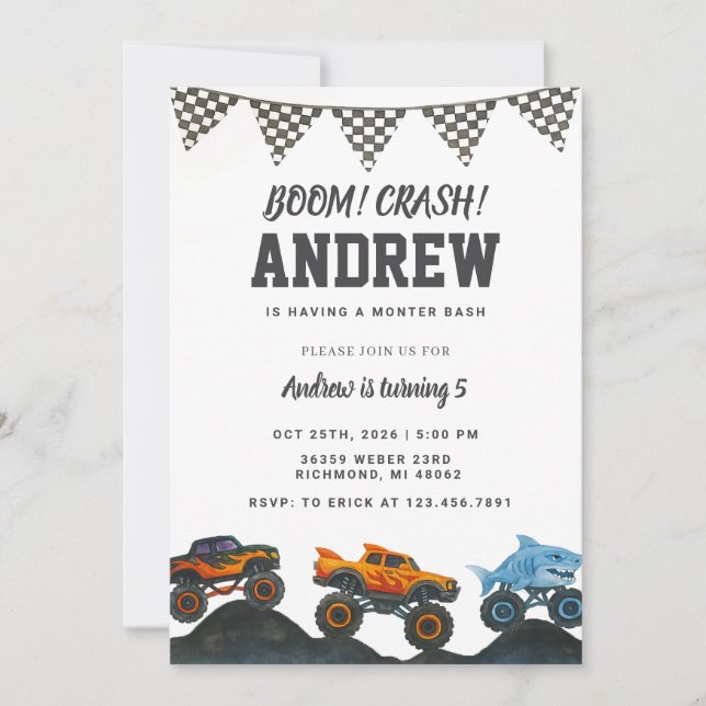 Personal Bash Monster Truck Birthday Party  Invitation (Front)