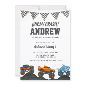 Personal Bash Monster Truck Birthday Party  Invitation