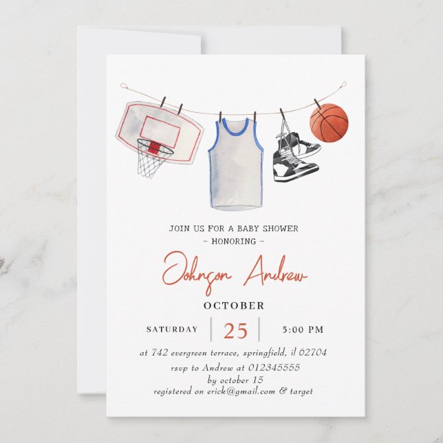 Personal Basketball baby shower watercolor Invitation (Front)